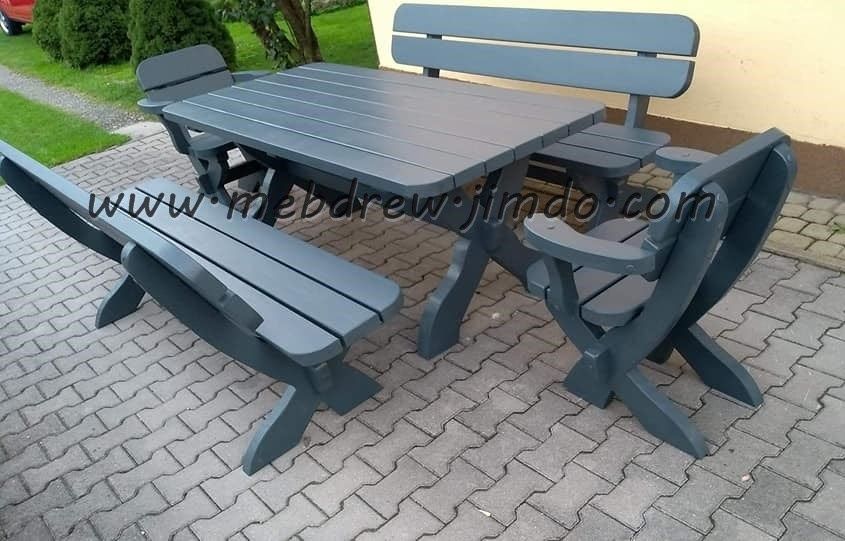 Meble ogrodowe stół 2 ławki 2 fotele zestaw drewniany Tokarnia - Zdjęcie 1