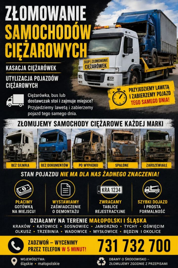 Złomowanie samochodów ciężarowych | Kasacja ciężarówek | Utylizacja pojazdów Śląsk/Małopolska - Zdjęcie 1