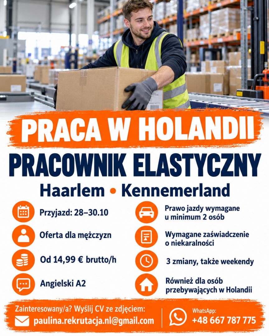 Pracownik elastyczny – Haarlem, Holandia – przyjazd 28–30.10  - Zdjęcie 1